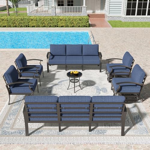 Kullavik Aluminum Patio Furniture Set,7 Pieces 10 Seat Metal Outdoor Furniture Conversation Set w/Swivel Chairs,Navy Blue