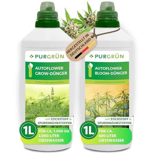 Purgrün® Autoflower-Dünger-Set 2 x 1 Liter – Schnell wirksame mineralische Rezeptur – Vollspektrum-Nährstoffe für Wachstum & Blüte – Flüssigdünger Indoor & Outdoor – Für eine ertragreiche Ernte
