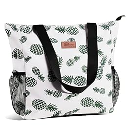 Buringer Large Waterproof Beach Bag for Women Sandproof Tote Bag with Zipper and Pockets Pool Bag for Travel Gym Vacation (Pineapple)