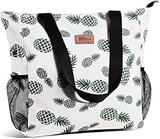 HOMESPON Large Waterproof Beach Tote Bag with Zip and Pockets for Women