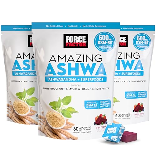 Image of Force Factor Amazing Ashwa, Ashwagandha Supplement for Stress Relief | Memory, Focus, and Immune Support with KSM-66 Ashwagandha for Stress, Triple Berry, 180 Soft Chews, 3-Pack
