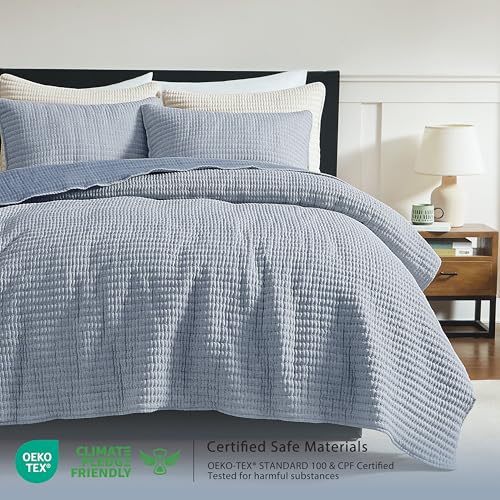 Chambray Pick Stitch Oversized King Size Quilt Set, California King Striped Lightweight Soft Summer Spring Bedspread, Bamboo Linen Like Textured Coverlet, Chambray Farmhouse Country Rustic Bedding — view 2