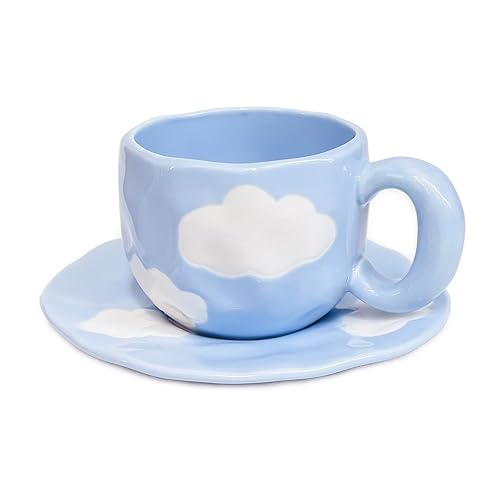 Noviko Cloud Mug with Saucer Ceramic Cloud Teacup for Girls Mum 11 oz - Blue Sky&White Clouds