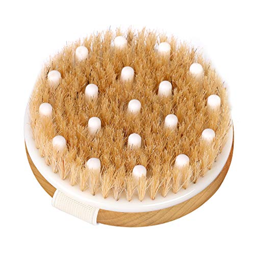 HEETA Body Brush, Round Handle Solid Wood Boar Bristle Brush, Body Exfoliating Brush for Shower Wet or Dry Brushing Gently Exfoliate Dead Skin & Cellulite, Natural Bristles and Soft Nylon Brush, Brown