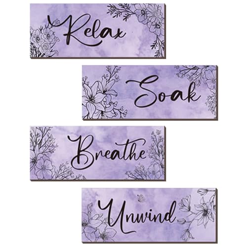 ONIZHITY 4-Piece Purple Floral Wall Art - Wooden Decor with Relax Soak Unwind Breathe Positive Hanging Art for Women's Bedroom & Living Room (10x4 Inches)