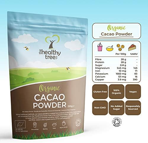Organic Raw Cacao Powder by TheHealthyTree Company for Yoghurt, Smoothies & Baking - High in Protein, Magnesium, Fibre and Potassium - Sugar Free, Vegan Cacao Powder (250g)