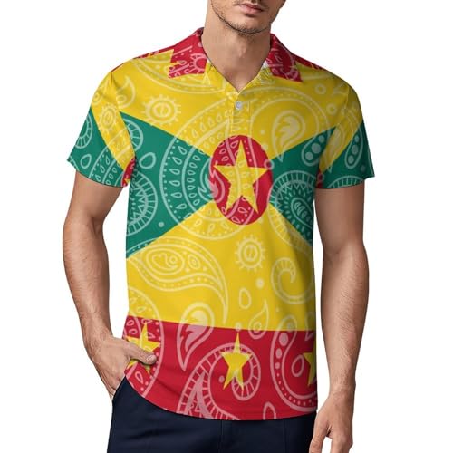 Grenada Flag Paisley Pattern Novelty Men's Short Sleeve Shirts Funny Golf Tennis Work T-Shirt Sport Tee 2XL