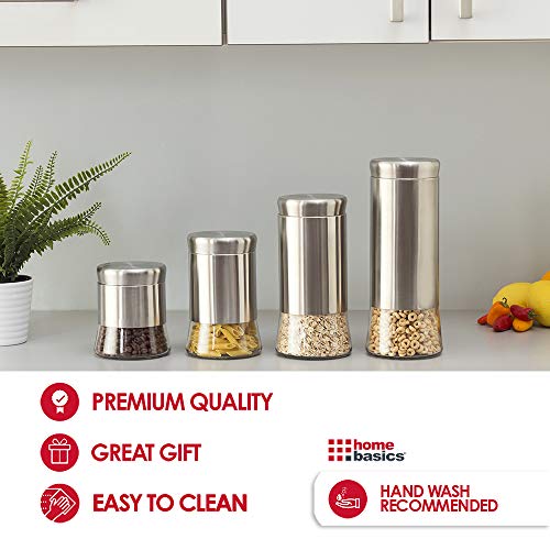 Home Basics 4 Piece Essence Food Storage Decorative Brushed Stainless Steel Glass Canister Set, Silver #TOP2