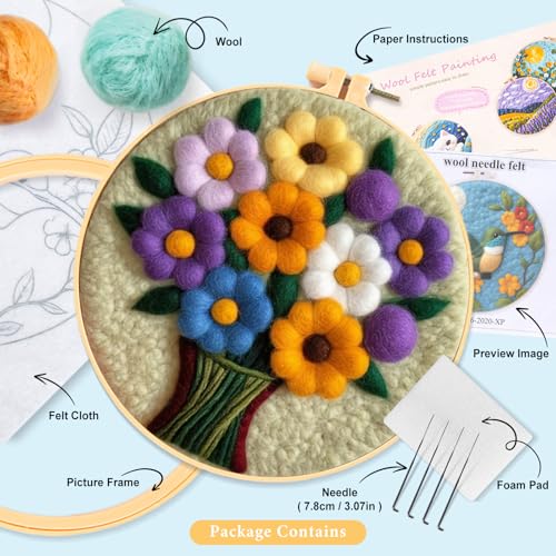 Image of Perycomly Flowers Needle Felting Kit for Beginner, Needle Wool Felting Set Include Needles, Foam Pad, Felt Cloth, Picture Frame, and Instructions