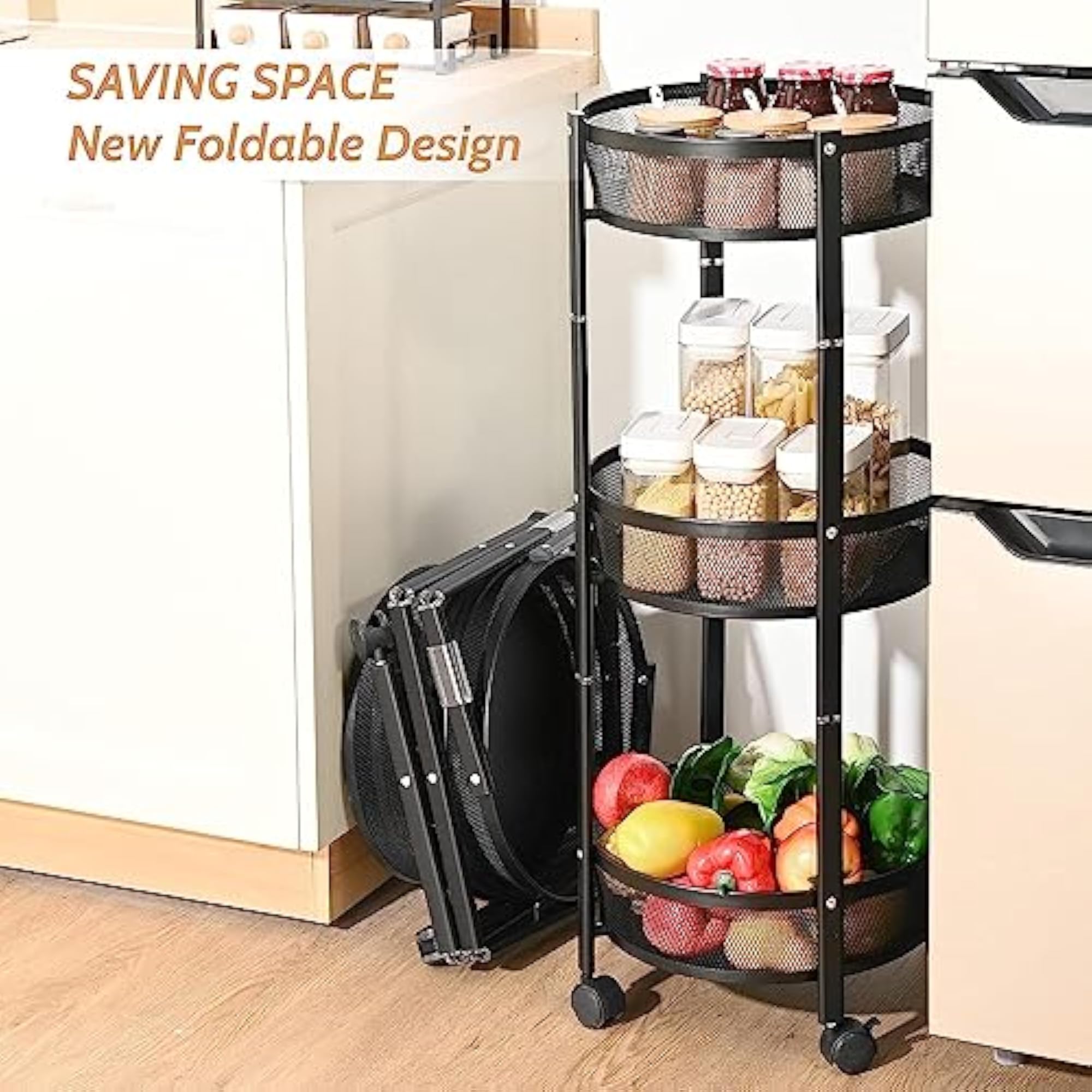 3 Tier Rolling Cart with Wheels, Metal Mesh Organizer