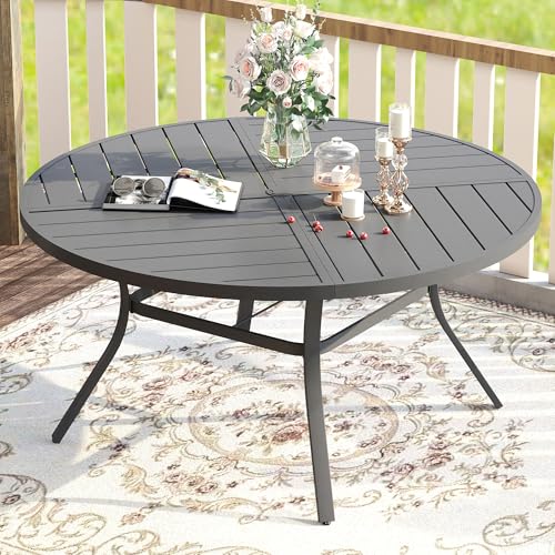Image of VICLLAX Round Patio Table with Adjustable Umbrella Hole for 8, All Weather Metal Outdoor Dining Table for Lawn Garden, 53.1 inch Outdoor Coffee Table, Grey Tabletop