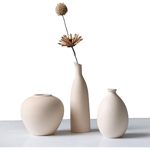 Abbittar Ceramic Vase Set of 3, Flower Vase Minimalism Style for Rustic Home Decor, Modern Farmhouse Decor, Living Room Decor, Shelf Decor, Table Decor, Bookshelf, Mantel and Entryway Decor - Beige