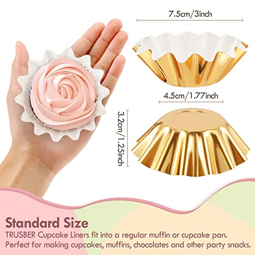 TRUSBER Gold Cupcake Liners,100 Count Standard Wave Muffin Wrappers Non-stick Greaseproof 210g PET Coated Paper Baking Holder for Wedding, No Muffin Pan Needed