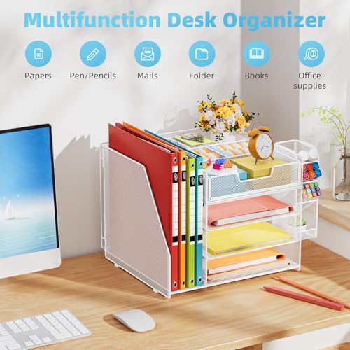 Marbrasse Schreibtisch Organizer mit Aktenhalter,4-Tier Briefablage Ablagefächer,Fachschubladen,Hängen Stifthalter,Mesh Schreibtisch Papier Ablage für HausBüro Bedarf Dokumentenablage (Weiß)