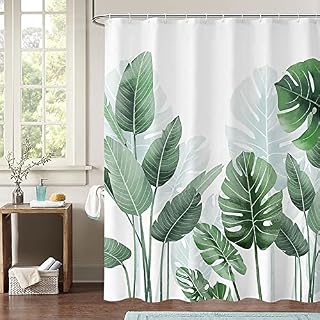 OCEUMACO Shower Curtain Tropical Green Leaves Bathroom Wet Room Extra Long Jungle Leaf White Garden Bath Curtains Anti Mould Proof Mildew Resistant Washable 180 x 200 Waterproof with Hooks