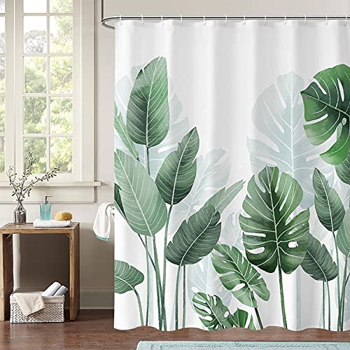 OCEUMACO Cortina de Ducha Antimoho Hojas Verdes Original Cortinas de Baño Blanca Larga Lavable a Máquina 180x200 cm Estampada Jungla Verde Naturaleza Tela Poliester Impermeable Opaca con Anillas Cover