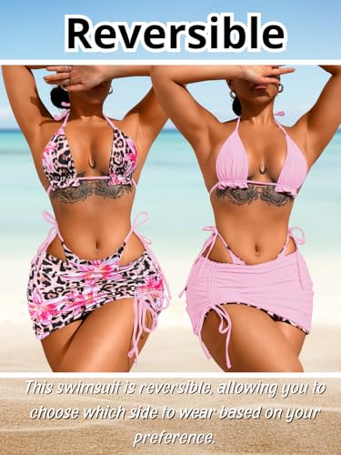 Image of ShawGobow Womens 3 Piece Leopard Bikini Set,Triangle String High Cut Thong Sexy Swimsuit & Coverup Skirt,Pool Party Outfit