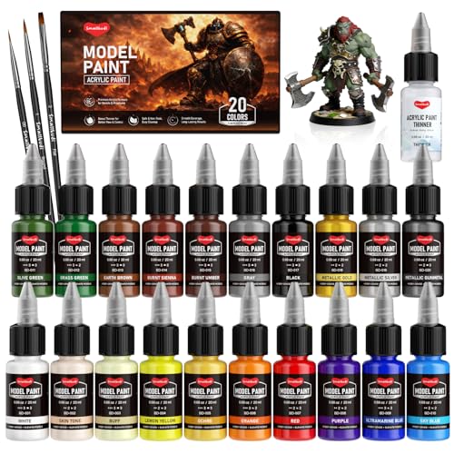 Smallbudi 20 Colors Model Paint Set (20ml/0.6oz), Modeling Acrylic Paint Set with 3 Brushes and 1...