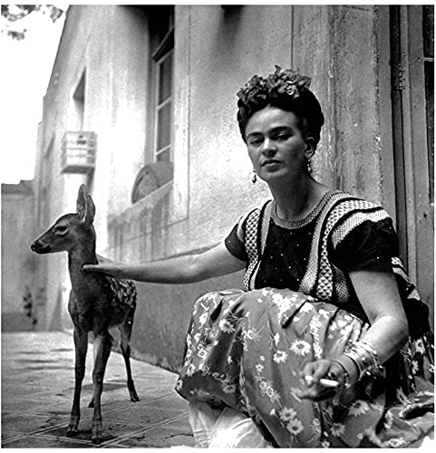 Vintage Wandkunst Schwarz Weiße Frau Leinwand Poster Frida Kahlo Selbstportrait Und Tier Fawn Paintings Bilddrucke Auf Leinwand Kunstwerk Für Schlafzimmer-Büro-Dekor Rahmenlos,30×30cm Cover