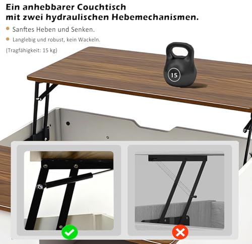 YU YUSING Couchtisch Höhenverstellbar Wohnzimmertisch mit Stauraum, Beistelltisch Kaffeetisch Quadratischer mit Verstecktem, Modern Sofatisch umwandelbar in Esstisch für Wohnzimmer/Büro, 80x80cm – Bild 7