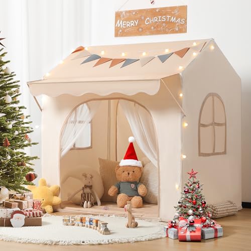 Besrey Tienda de Juego para Niños con Toldo, Casita Infantil 2 en 1 con Luz LED, Bandera y Alfombra Acolchada, Ideal para Interior y Exterior como Tienda de Campaña Infantil, Tipi Infantil