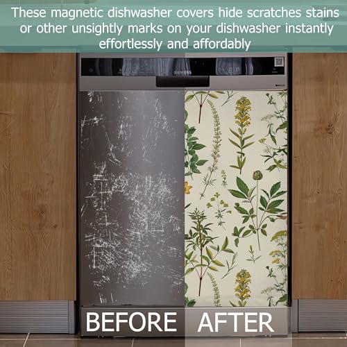 Image of Green Herb Leaves Dishwasher Covers for The Front Magnetic,Spring Wildflowers Refrigerator Magnets Decoration,Reusable Dishwasher Cover Panel for Home Kitchen Decor 23x26 Inch