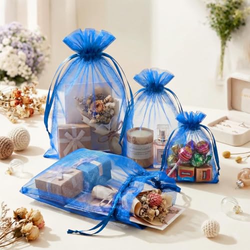Image of FUNFERY 100PCS Royal Blue Organza Gift Bags 4x6in,Drawstring Jewelry Pouch