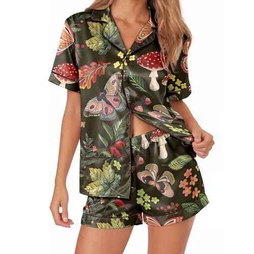 Image of Women 2PCs Satin Pajama Set Short Sleeve Silk Feel Gift Sleepwear