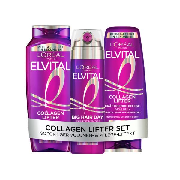 L´Oréal Paris Elvital Collagen Lifter Volumen Routine, für volleres Haar, Ansatz-Lift, mit Shampoo, Spülung und Big Hair Day Spray, 3-teilig