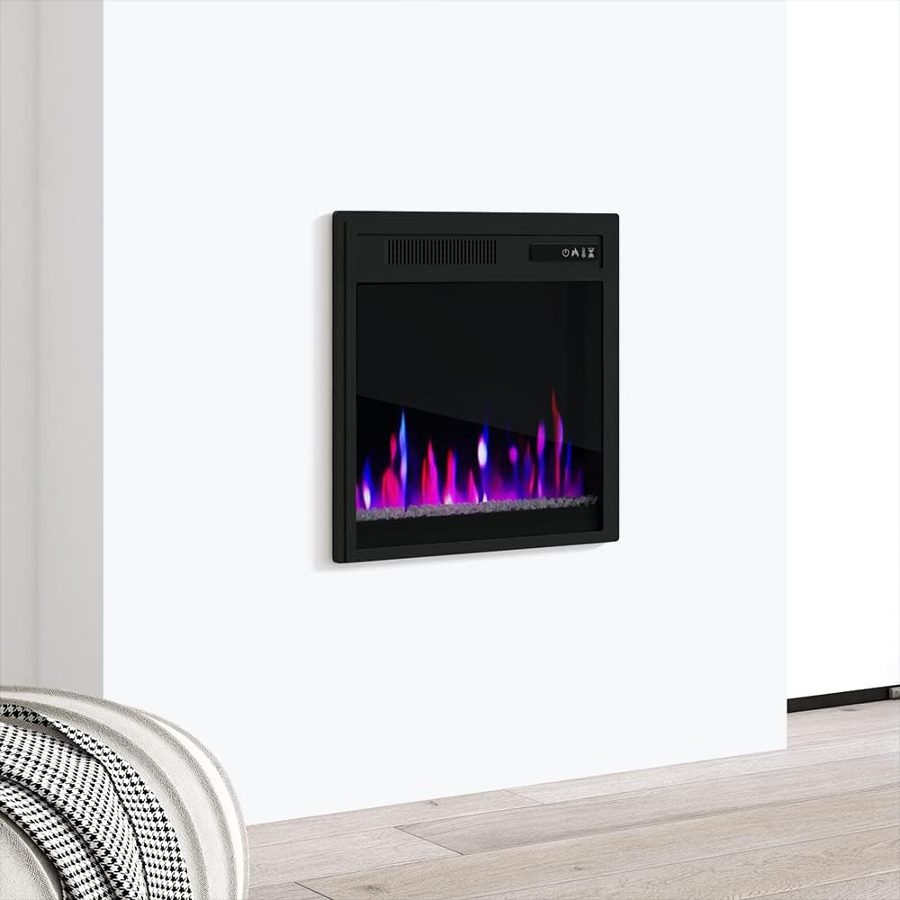 Meble Furniture 20 Inch Electric Fireplace Wall Mounted Heater — Remote Control with 3 Adjustable Flame Colors — Tempered Glass Panel, 20 x 5 x 15 in — Black