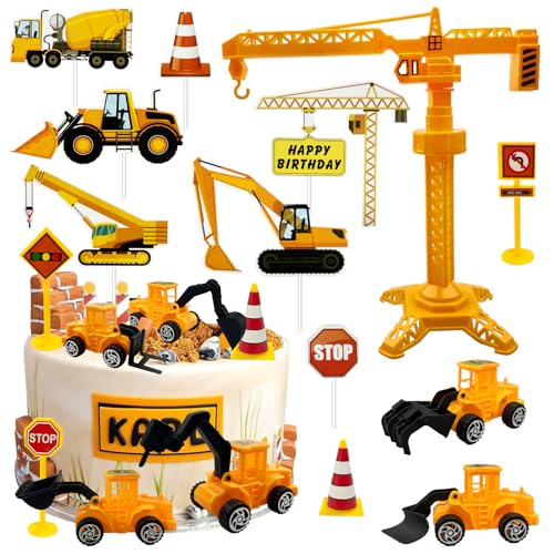 Morofme 21pcs Construction Cake Toppers Vehicles Cake Decorations Truck Excavator Tower Crane Cupcake Topper Bulldozer Backhoe Traffic Road Sign Cake Decor Construction Theme Birthday Party Supplies