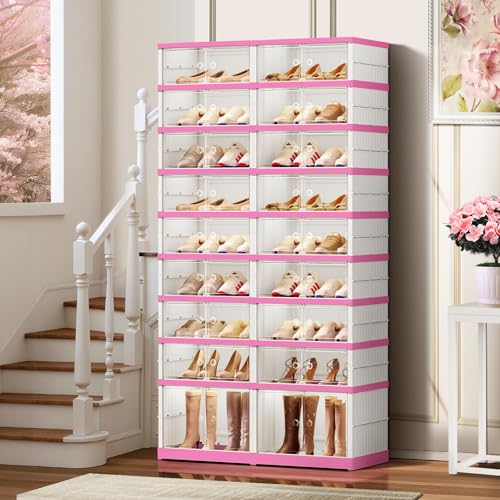 Image of CIMLORD 9-Tier Foldable Shoe Rack Organizer with Door, 36 Pairs, White-Pink | Collapsible Large Shoe Rack for 36 Pairs, Fits Boots, Wide Stackable, Clear Door, Lidded Boxes, Easy Assembly, for Closet