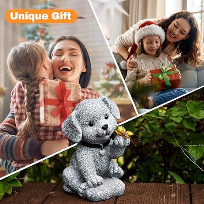 Solar Garden Statue Outdoor Decor,Dog Figurine with LED Lights,Birthdays Mother£ªs Day Housewarming Gift for Women, Mom, Grandma,Garden Gifts¨ÛHome Decoration with Butterfly