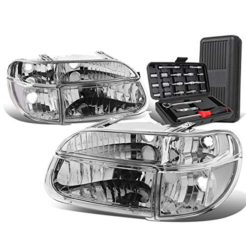 Chrome Housing Clear Corner Headlight Head Lamps+Tool Kit Compatible with 95-01 Ford Explorer 95-01