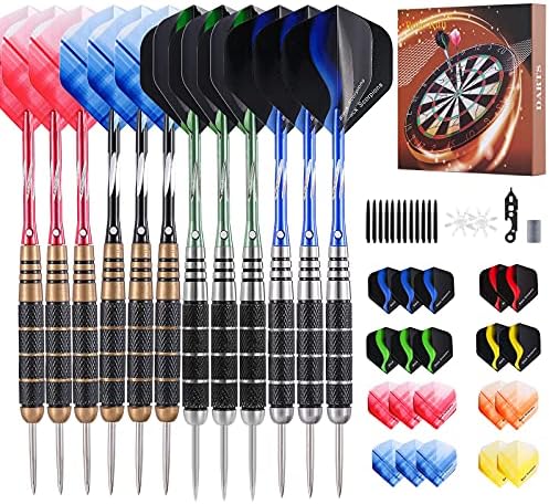 Rose Kuli Professional Steel Tip Darts Set - 24 Grams and 26 Grams Metal Barrels with 20 Flights Standard/Slim, 12 Aluminum Shafts, 12 O-Rings, Dart Tool, Dart Sharpener and Case