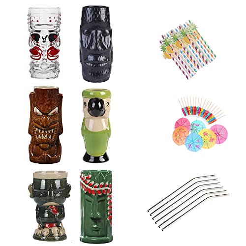 Tiki-Tassen-Set - Cocktailgläser Set von 6 - Keramik-Hawaii-Party-süße exotische Cocktailgläser Hawaii-Display-Ornamente zu Weihnachten und Halloween (Grün) (Gelb) Cover