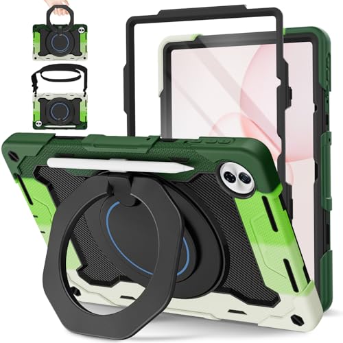 ROISKIN für Honor Pad 10 Hülle 12.1 Zoll 2025 mit Bildschirmschutz, Schultergurt, Stifthalter, Heavy Duty Stoßfeste Military Hülle für Honor Pad 10, 360°Drehbarer Ständer für Kinder, Grün