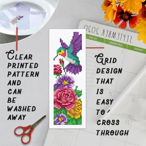 Image of BEUNITONE 6 Pcs Cross Stitch Bookmark Kit for Beginner Vintage Flower Hand Embroidery Kit with Instruction Hummingbird Stamped Embroidery Bookmarks Handmade for DIY Crafts Book Lovers 8.5''x3''