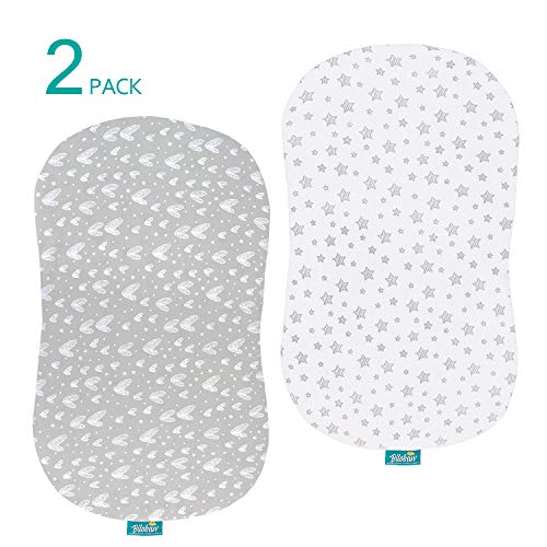 Image of Bassinet Sheets Compatible with Halo Bassinest Swivel, Flex, Glide, Premiere & Luxe Series Sleeper, 2 Pack, 100% Jersey Knit Cotton Sheets, Breathable and Heavenly Soft, Grey and White Print for Baby