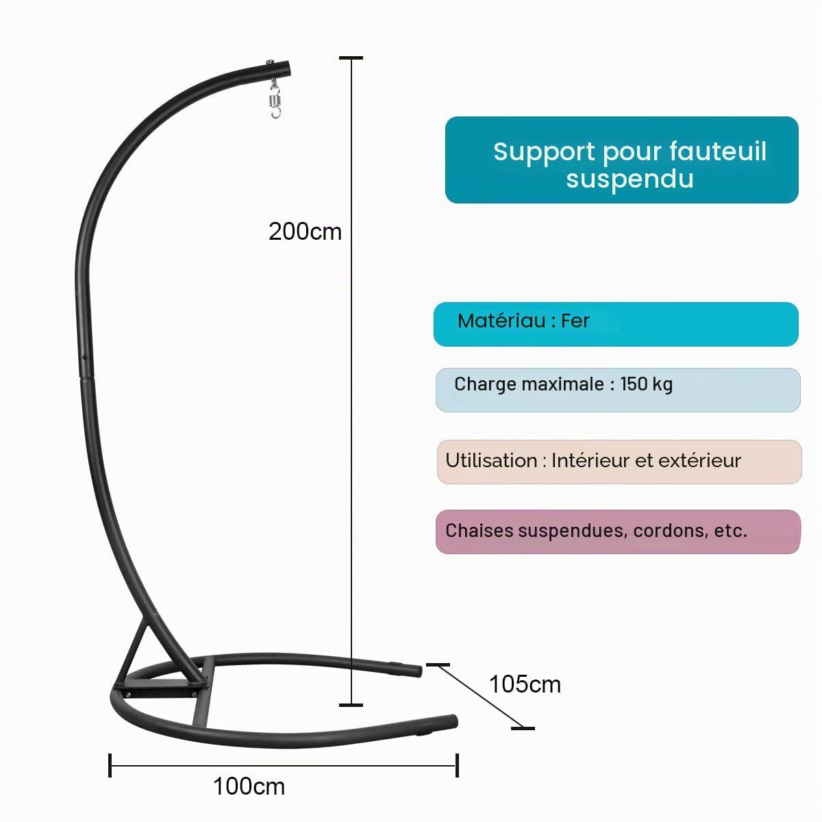 Support de Fauteuil Suspendu, Support Chaise Suspendue, Charge Maximale 150kg, Convient pour Intérieur, Extérieur, Noir