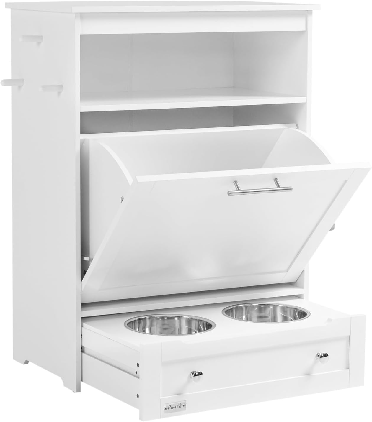 Pet Feeder Station Storage Cabinet MDF White Pull-Out Food & Water Bowl Living Room Office Use Versatile Supply
