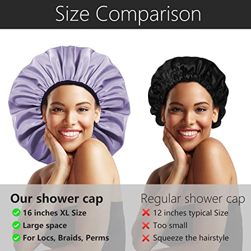 Auban Extra Large Shower Cap, Double-Layer Waterproof Reusable Satin Lining Shower Bonnet for Women Long Hair, Braids, Locs, perms (Purple)