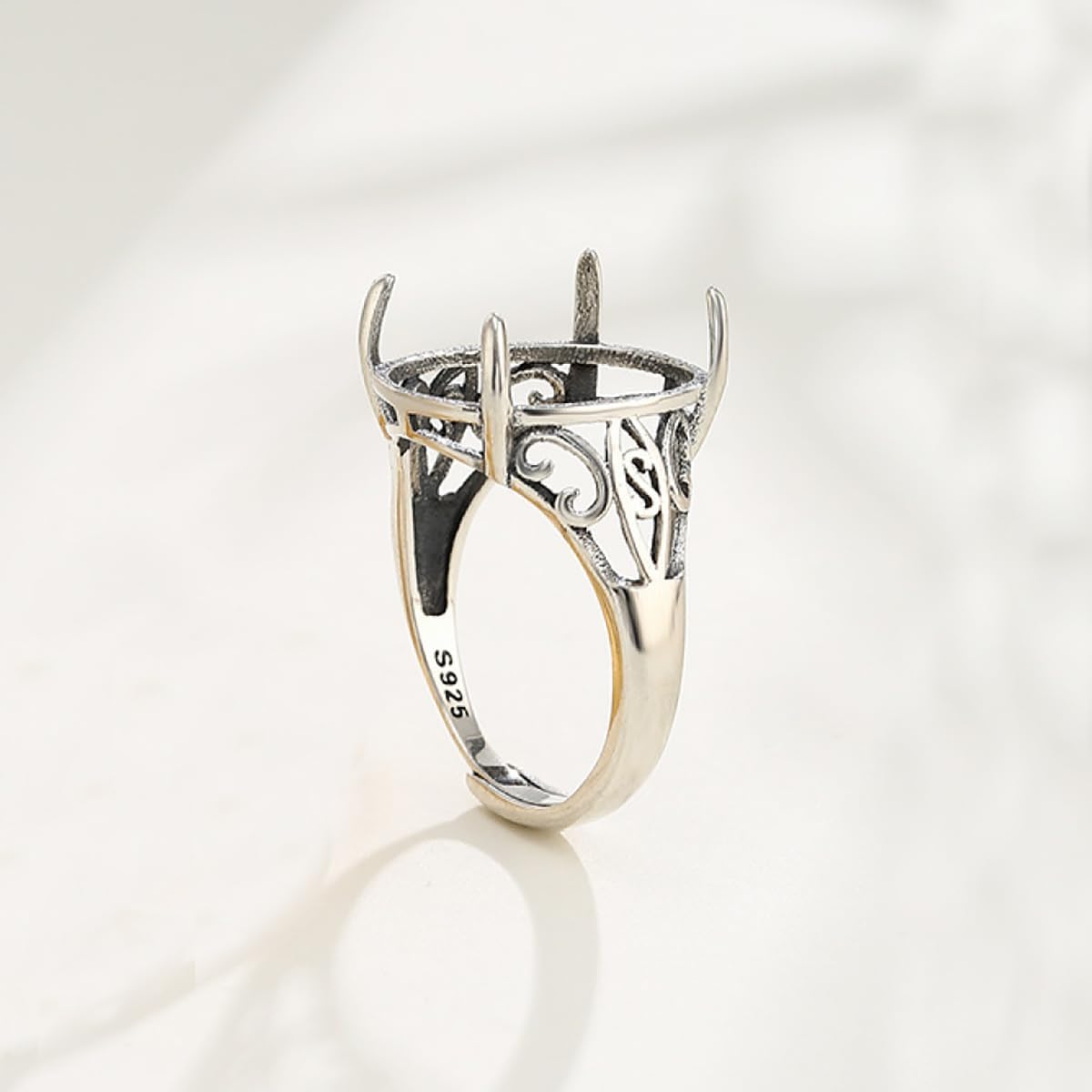 Thai Sterling Silver Ring Base Blank fit 7X9/8X10/10X13/11X14mm Oval Cabochon Mounting Setting Adjustable Prong Ring Cameo Handmade Jewelry Making for Women