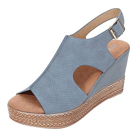 ZG-HOME 2021 Women's Leisure Wedges Heeled Sandals,Sexy Breathable Wedge Heel Comfort Beach Outdoor Shoes,Summer Ladies Casual Buckle Strap Roman Shoes,Plus Size 35-43Blue-EUR 42/USA 11 Cover