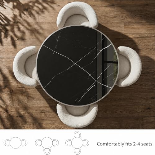 Image of 63 inch Tulip Table, Small Round Dining Table with 1.2 inch Thick Sintered Stone Tabletop and Silver Metal Pedestal Base, Bistro Table for Diner, Bar, Restaurant, kitchen, Bakery, Apartment (Marble Black)
