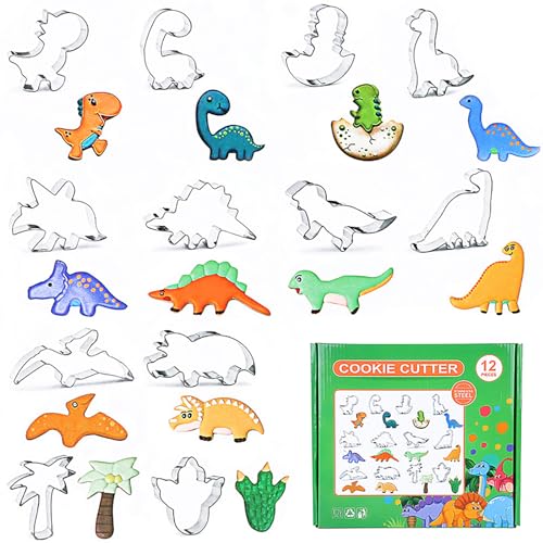 RoseFlower Emporte Piece Patisserie, 12 Pièces Formes de Dinosaures Patisserie Biscuit Moule, Acier Inoxydable Moule à Biscuits, pour Biscuits, Fondant,...