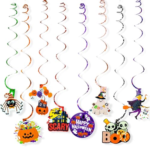 Tourbillons de papier d'Halloween Lot de 24 Serpentins Breloque décorative en spirale Pendentifs Décorations de fêtes 8 designs différents
