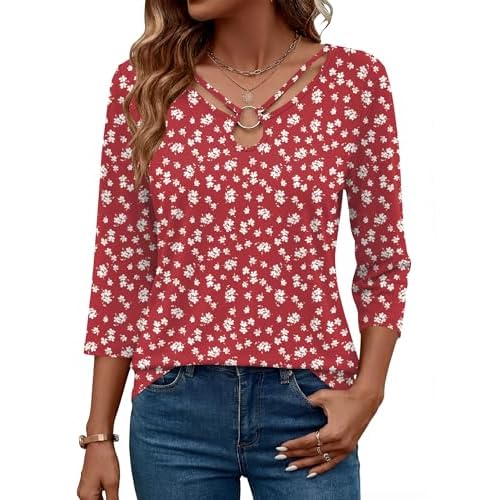 Rapbin 3/4 Length Sleeve Womens Tops Summer Cut Out Ring Keyhole Neck Dressy Casual Crew Neck Tee Shirts 2026 Red White Floral Small