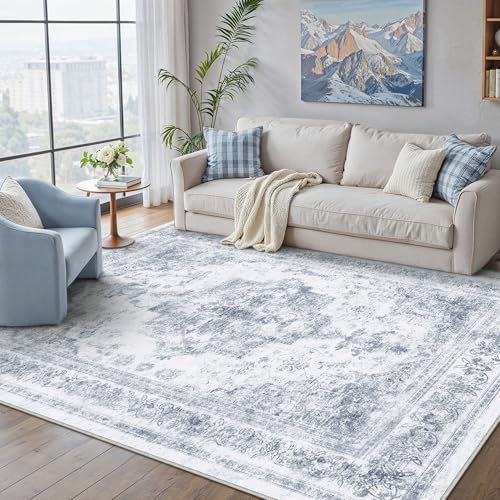 Area Rug 5x7 Washable Blue Rug Vintage Boho Medallion Large Distressed Retro Carpet for Living Room Non Slip Indoor Low Pile Small Soft Bedroom Dining