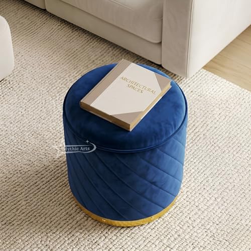 Image of Ottoman Stool, Puffy Stool, Sitting Stool, Modern Upholstered Round Ottoman, Dressing Table for Living-Blue